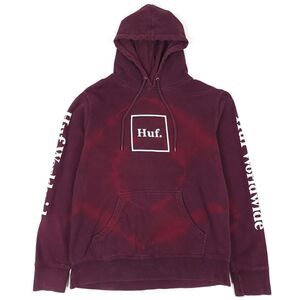 HUF Box Logo Hoodie Fleece Pullover Sweatshirt in Burgundy Tie Dye Mens Medium
